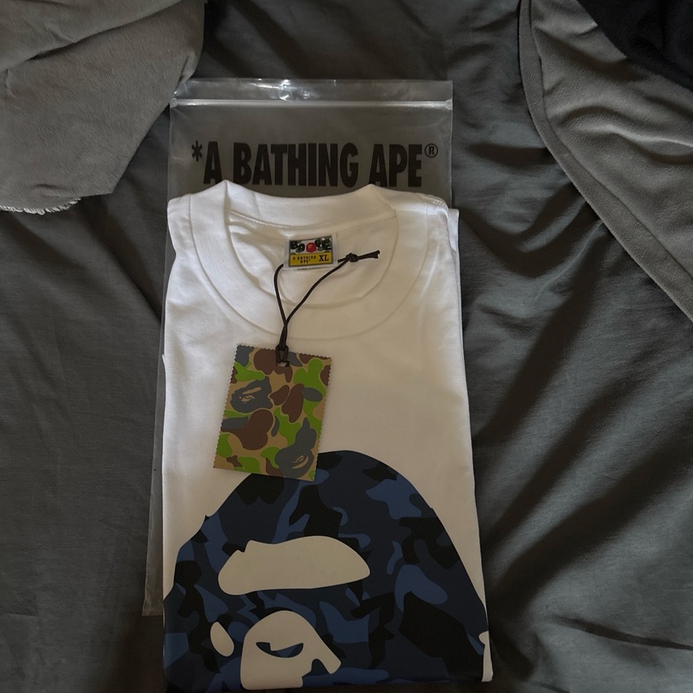 Bape White Tee with Blue & Black Camo Ape Graphic